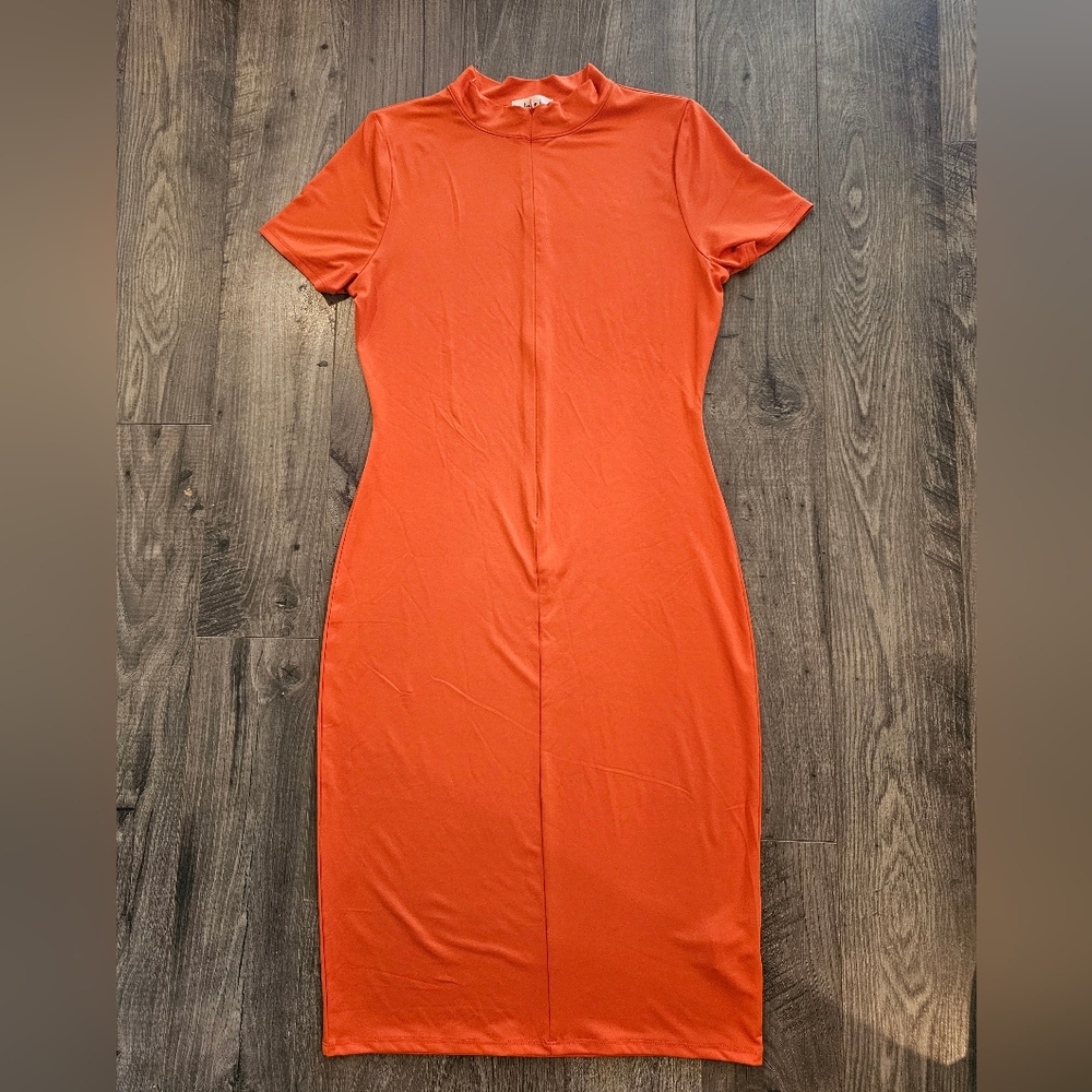 Women's szL Elegant Orange Zippered Midi Dress Body Hugging Fall Festival Career